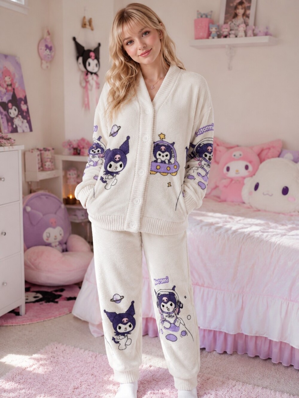 Kuromi Cream & Purple Women's Fleece Pajama Set